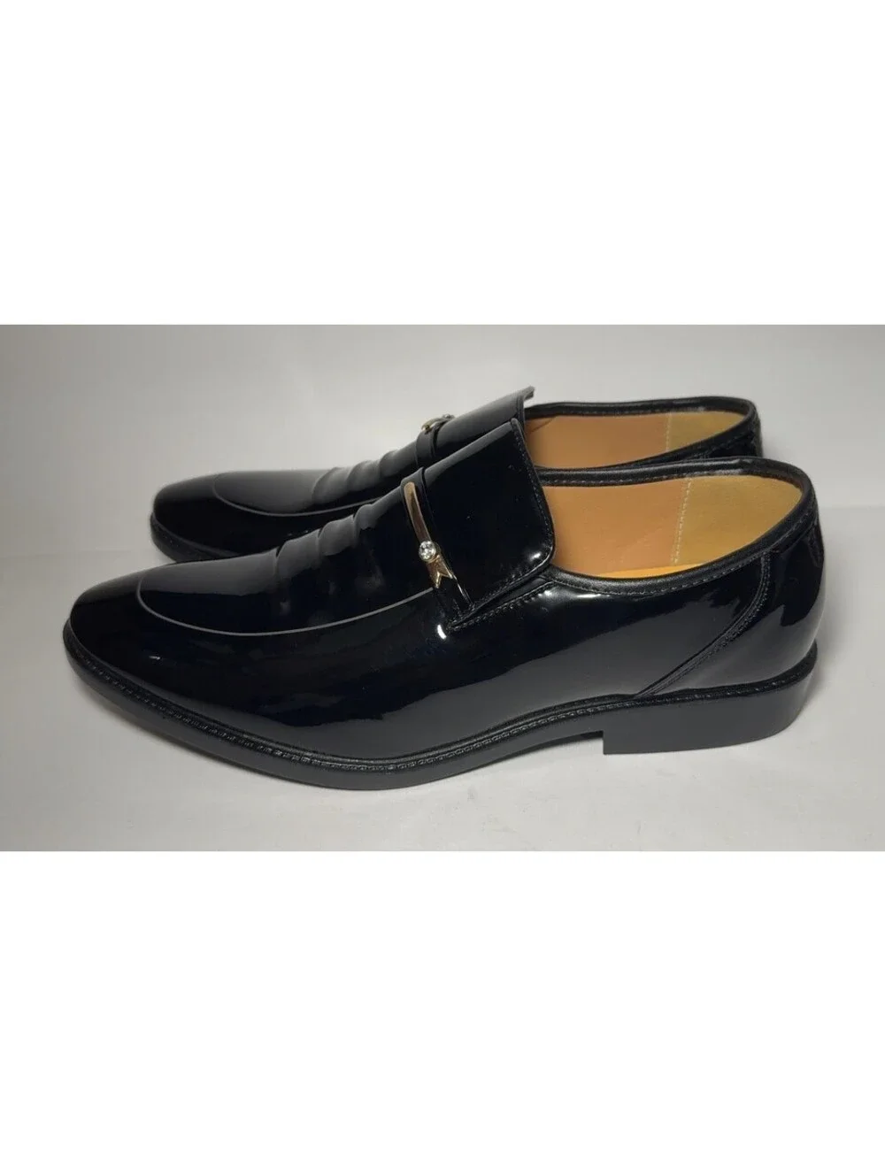 Mens Black Patent Fashion Loafers Gold Tone Metal Bar Accent Shoes 43